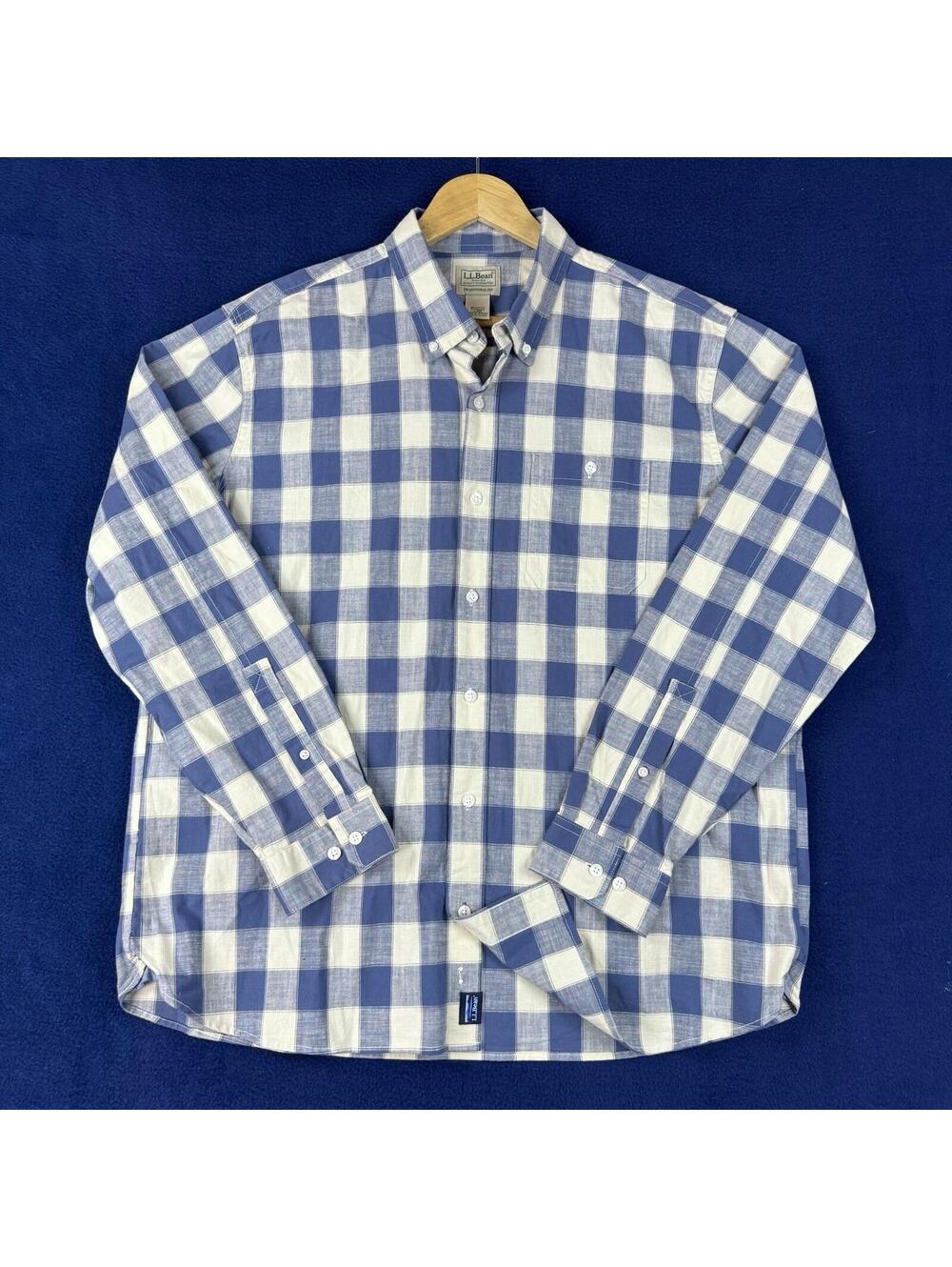 L.L.Bean Blue White Check Button Shirt Mens Large Traditional Fit Casual 515120